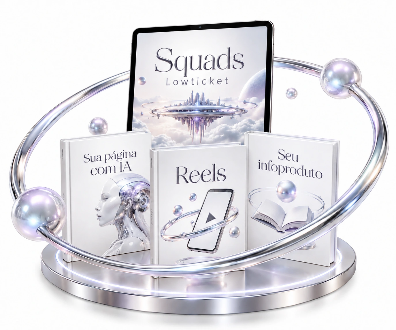 Squads Lowticket com Sua página com IA, Reels e Seu infoproduto em um conjunto prateado com aro orbital