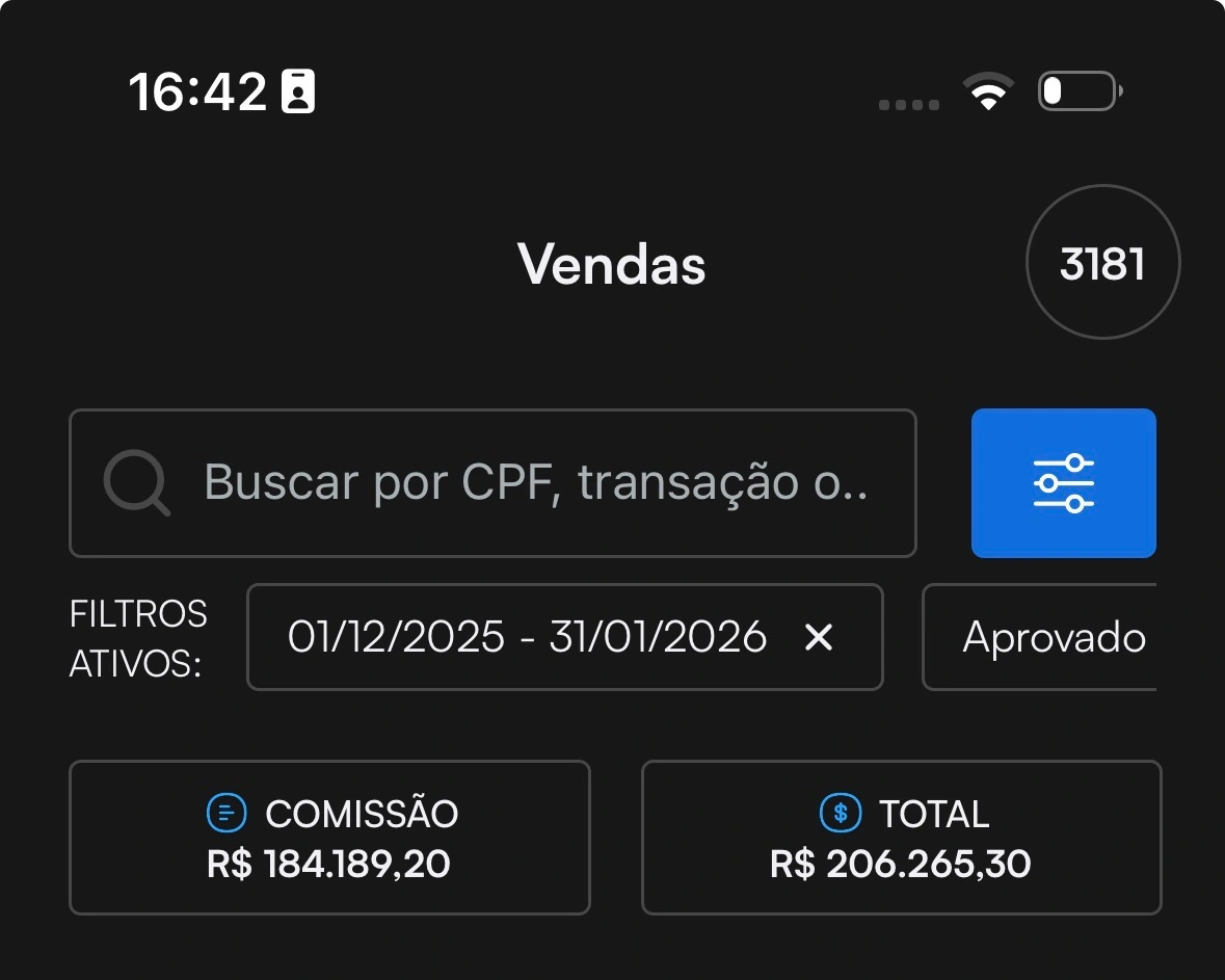 Comissão e total no período exibido no painel