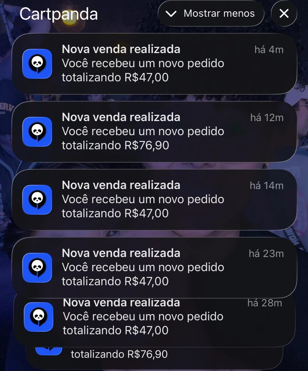 Notificações de pedidos recebidos